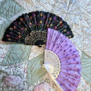 Vintage Embroidered Black Folding Fan & Lavender Lace Fan Set